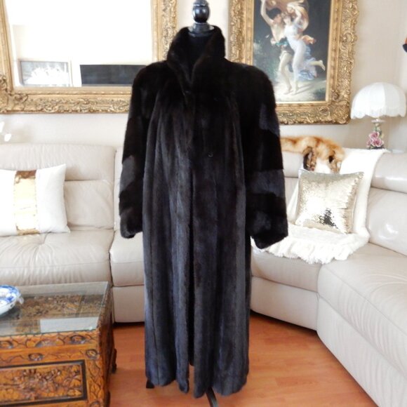 VTG.Barth Wind Genuine Dark Brown Shiny Mink Fur Coat Full Length L/XL - Picture 10 of 12